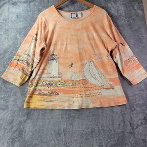 Take Two Women Top‎ L Orange Lighthouse Sailboat Graphic Coastal Nautical Vibe